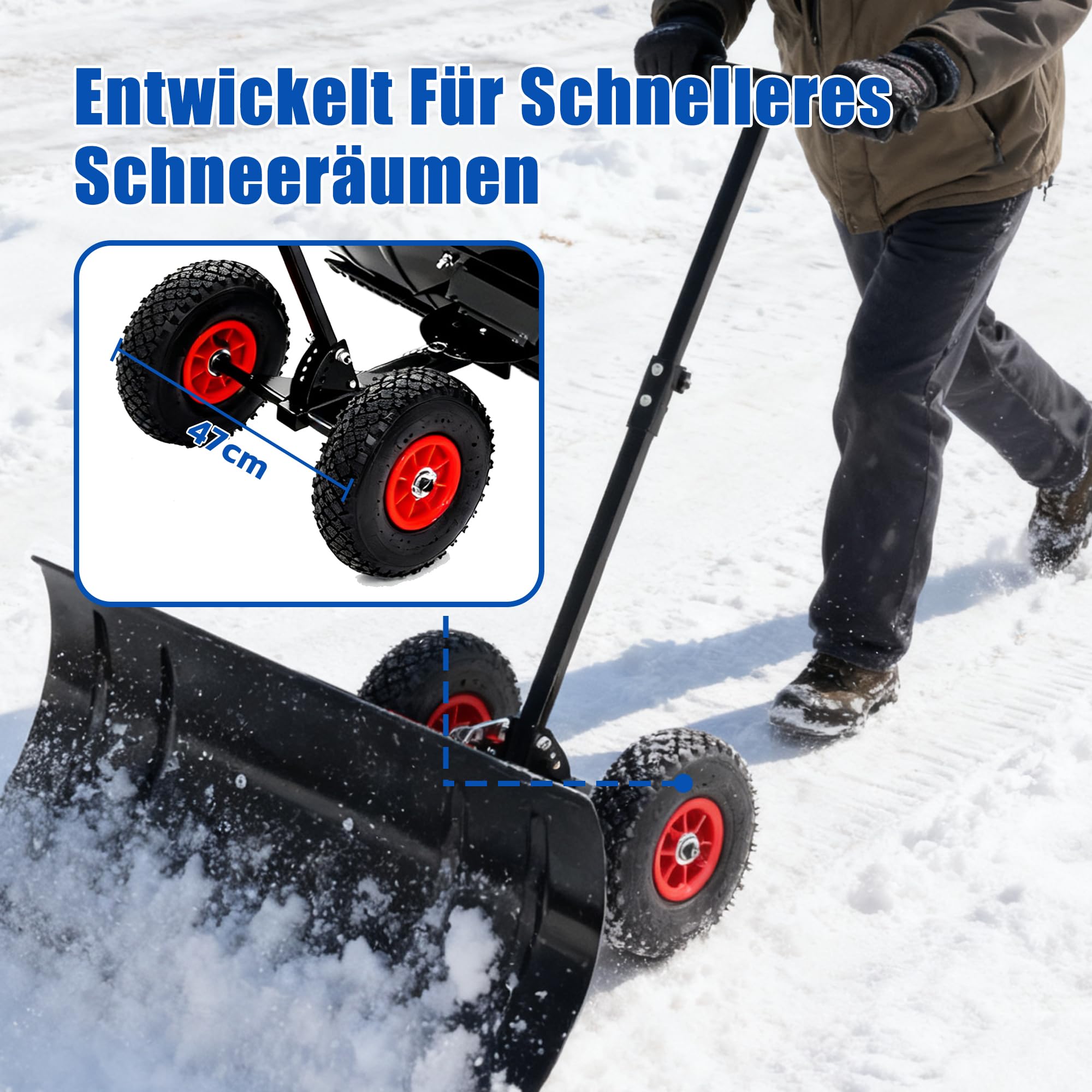 EIN-Stiel Schneeschieber mit Rädern, 5-stufig Höhenverstellbar (107-27.5 cm) - Extra Breite 74 cm Schaufel aus PE-Material, Klappbar und Leicht für Müheloses Schneeräumen auf Auffahrten