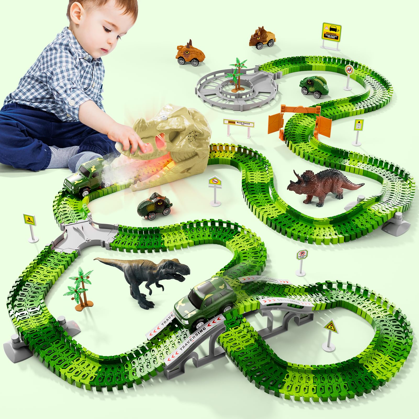 Dinosaur Race Track Set for Kids Ages 3-7, Flexible Car & Train Tracks with Dinosaurs to Create Themed World, Toys Gifts for Boys Girls