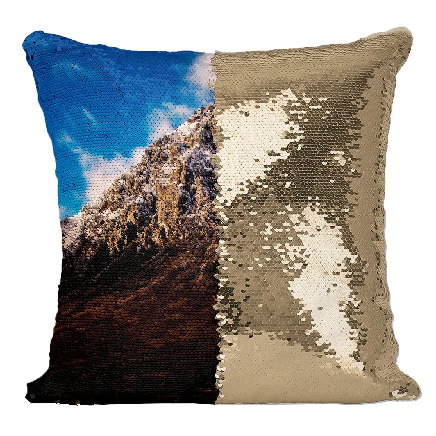 Coussin housse sequin paillettes doré paysage montagne pics rocheux azur