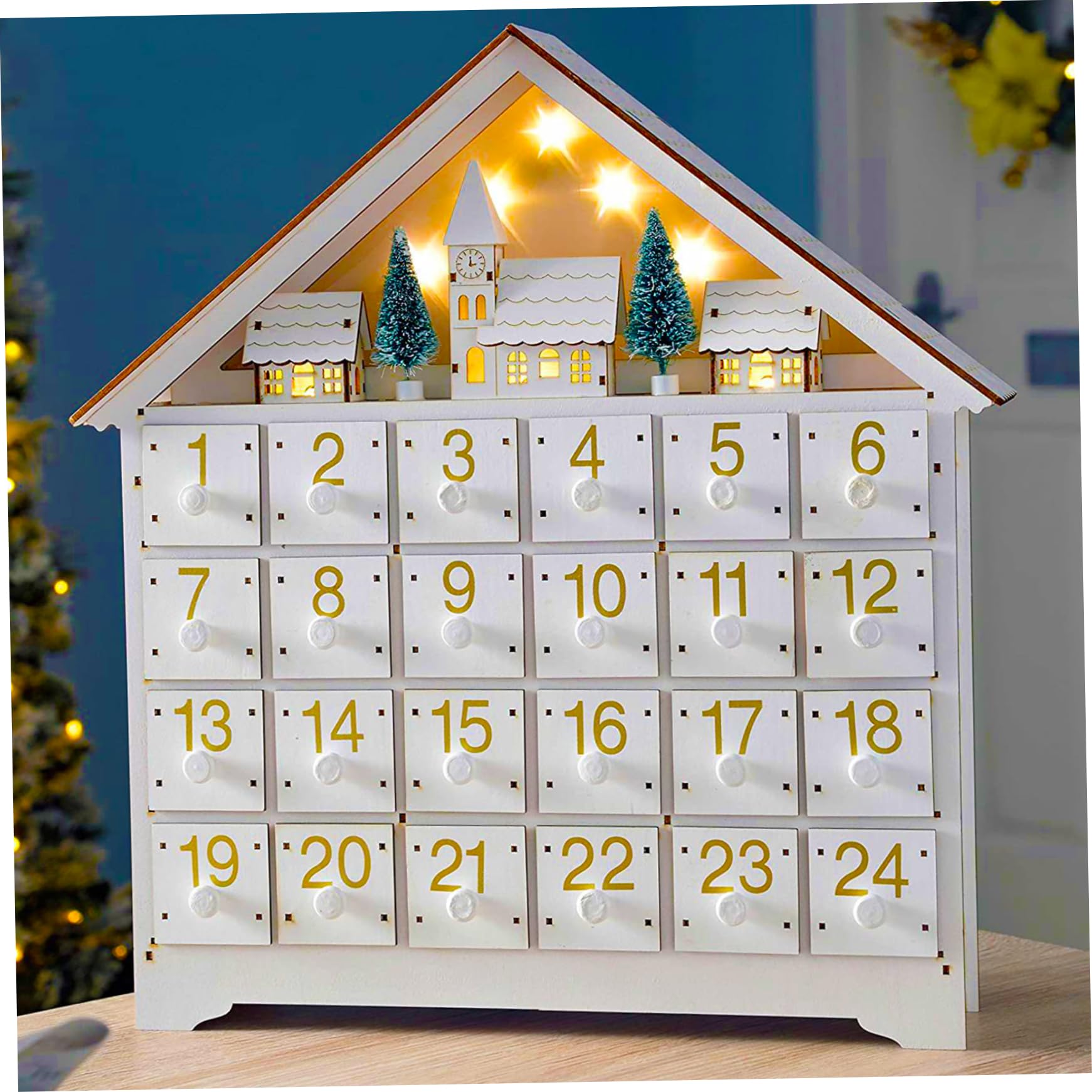 Llena tu propio calendario de adviento, calendario de adviento de madera con 24 cajones y luces LED reutilizables vacías para llenarte para decoraciones navideñas sin batería, adornos de Navidad