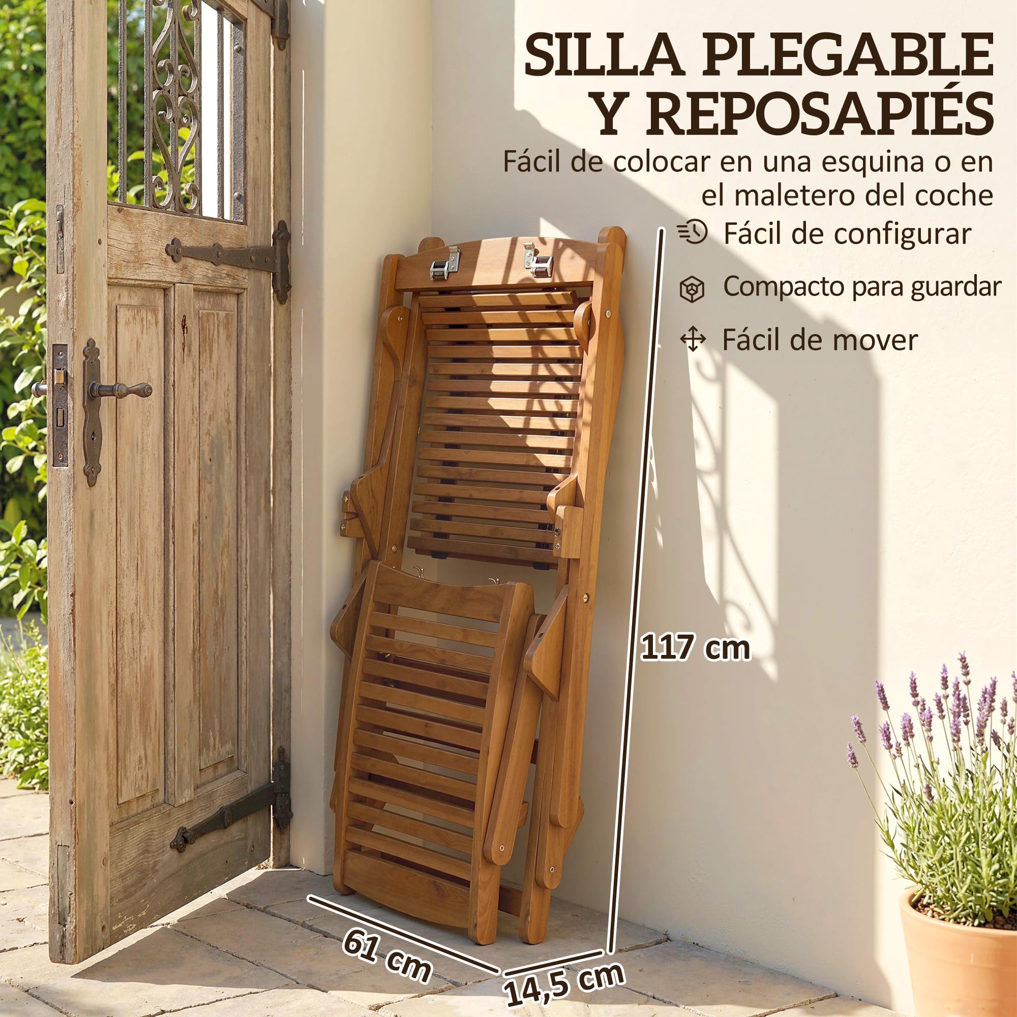 Outsunny Tumbona Silla Plegable de Madera de Acacia 158x61x70 cm Beige | Silla de Jardín Exterior, Reposapiés Desmontable, Cojín con Reposacabezas, Carga 160 kg, para Terraza, Patio, Playa