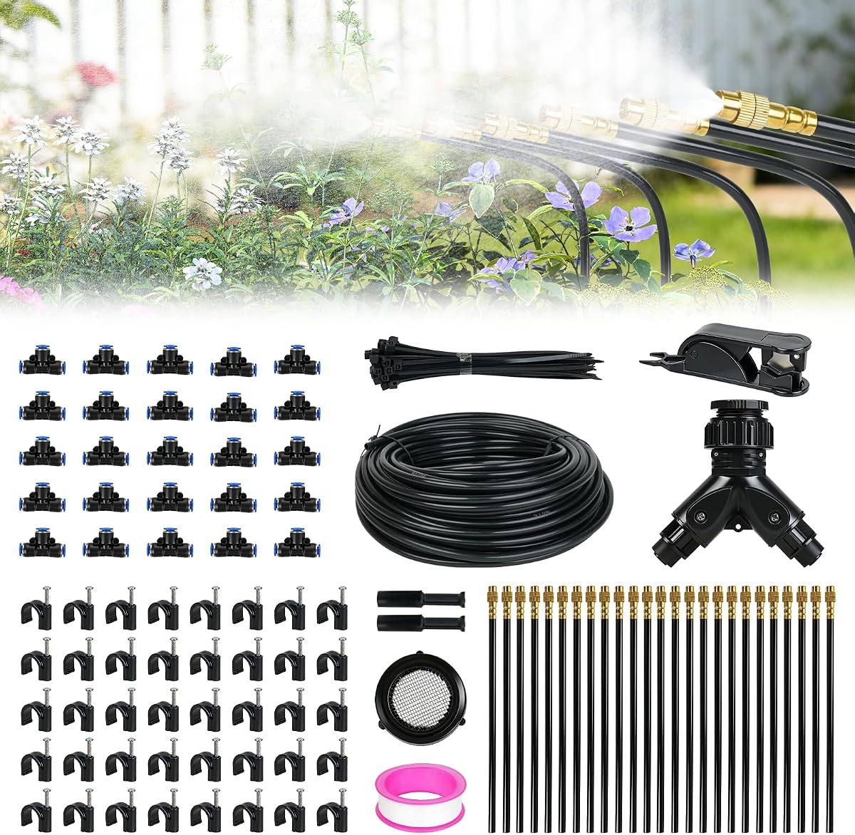 100ft Drip Irrigation System, Automatic Garden Watering System with 25 Adjustable Sprinkler Nozzles, Irrigation Hose Kit for Yard, Lawn, Plants, Atomizing System