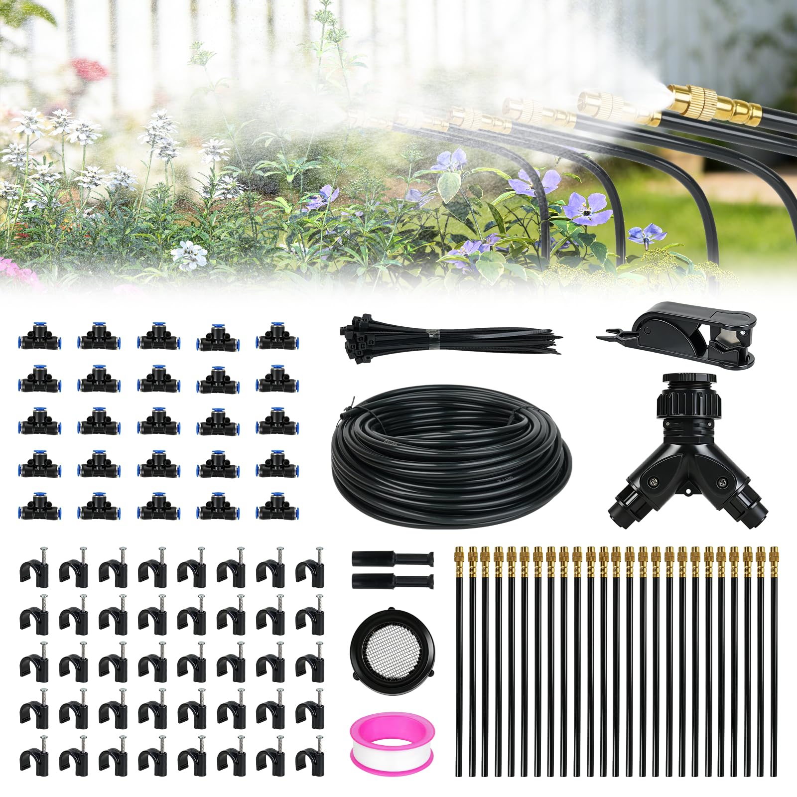 Sistema di irrigazione a goccia da 30,5 m, sistema di irrigazione automatico da giardino con 25 ugelli regolabili per irrigazione, kit di irrigazione per cortile, prato, piante, sistema di