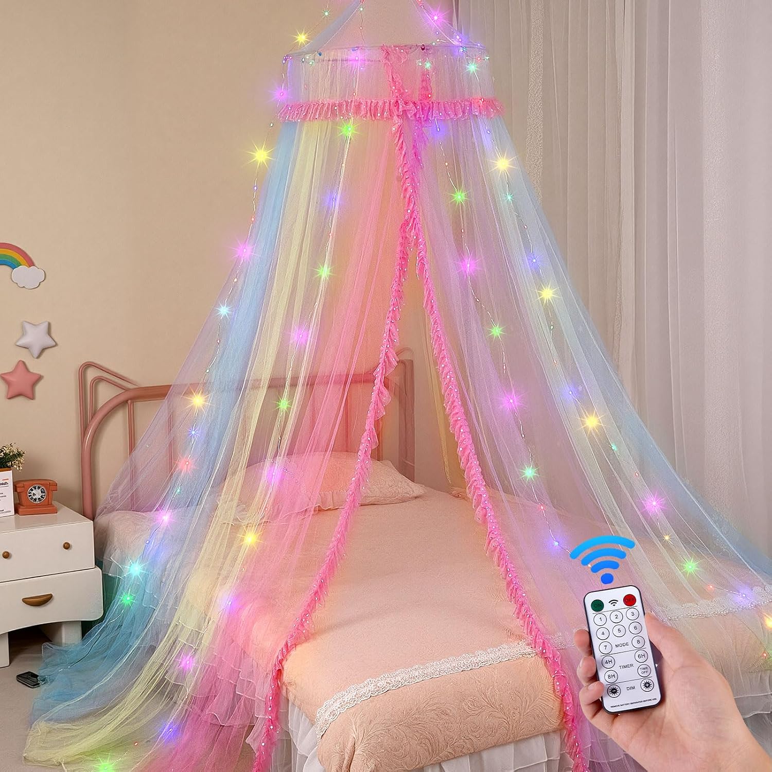 Unicorn Castle Bed Canopy for Girls with Remote Timer Breathable Net Canopy for Bed with 8 Modes LED Lights Canopy Bed Curtains for Girls Room Decor,Rainbow