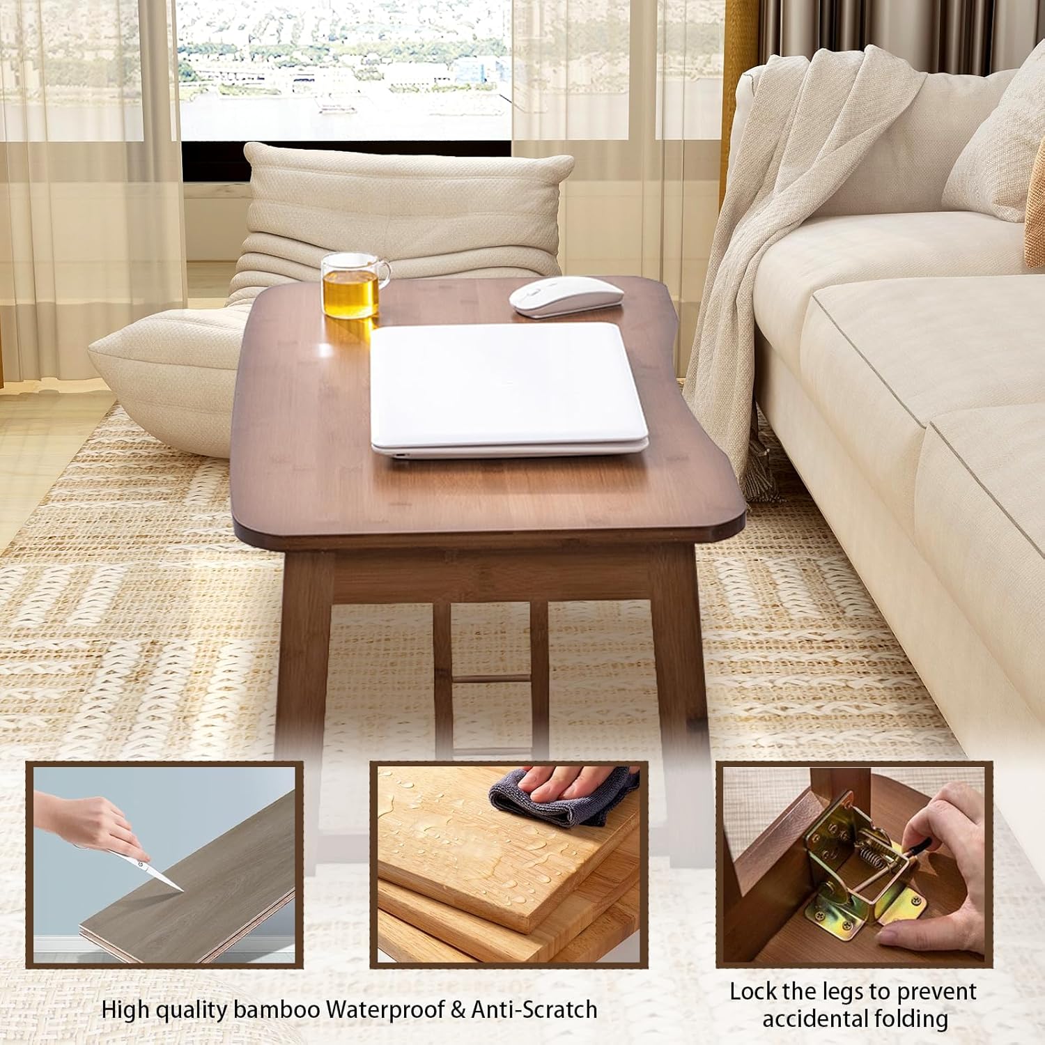 Foldable Coffee Table Bamboo Low Folding Table Small Floor Desk No Assembly Required for The Floating Window Tatami Tea Room Balcony Living Room Outdoor