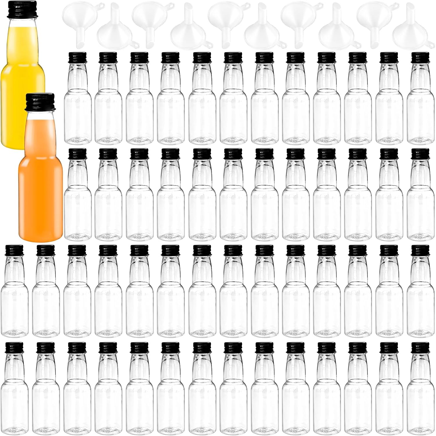 50 Pack 1.7oz Mini Liquor Bottles,Plastic Shot Bottles with Cap Small Water Bottle Empty Alcohol Shot With 10 Funnels for Party Favor,Weddings