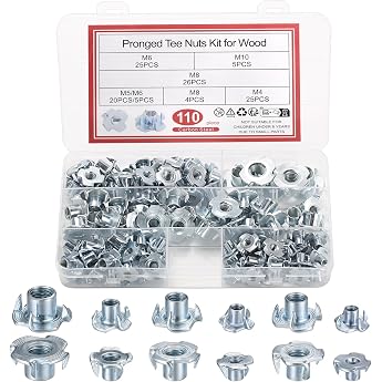 Pack of 110 Drive Nuts M4 M5 M6 M8 M10 Four Prong Nuts Impact Tips Galvanised Carbon Steel Nuts for Furniture Woodworking Craftsman Assortment Screws Kits
