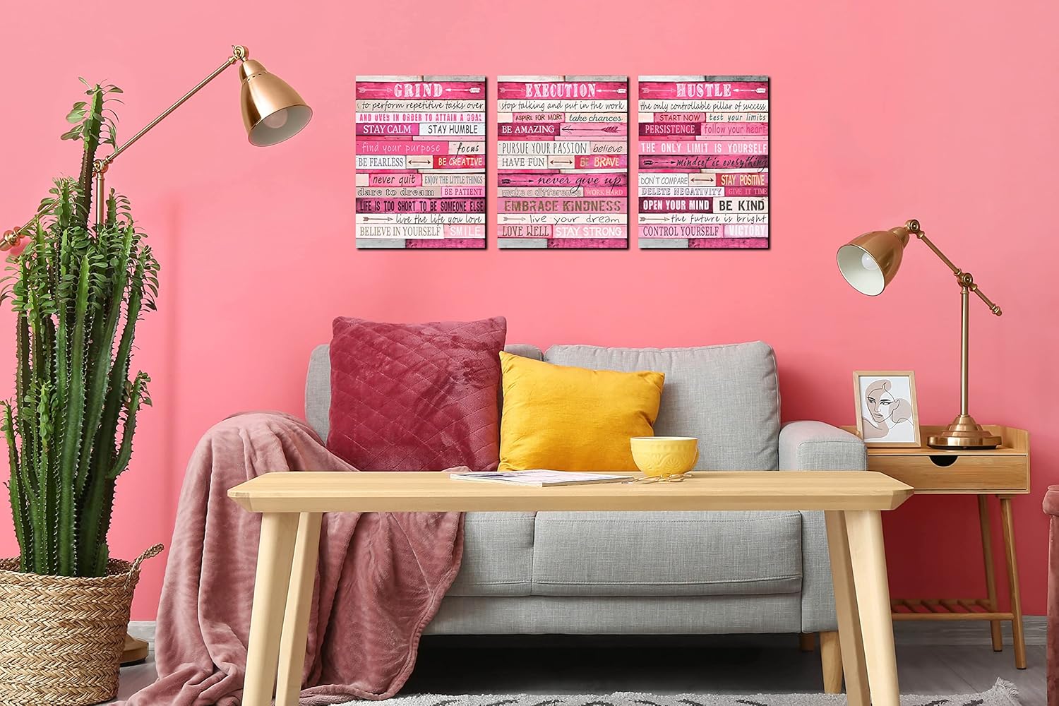 THRLVEART Pink Canvas Wall-Art - Room Decor For Teen Girls - Motivational Posters Ready To Hang Size 16" x 12" x 3 Pieces