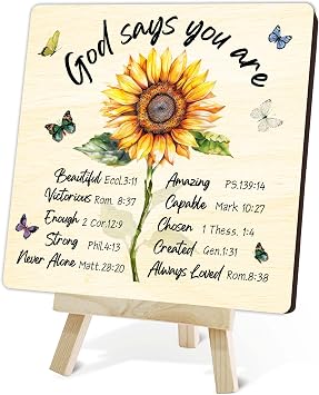 Christian Wood Sign, God Says You Are Bible Verse Gifts For Women, Sunflower Religious Wooden Plaque Desk Decor With Stand, Inspirational Christmas Thanksgiving Gifts For Family Friends Colleagues -05