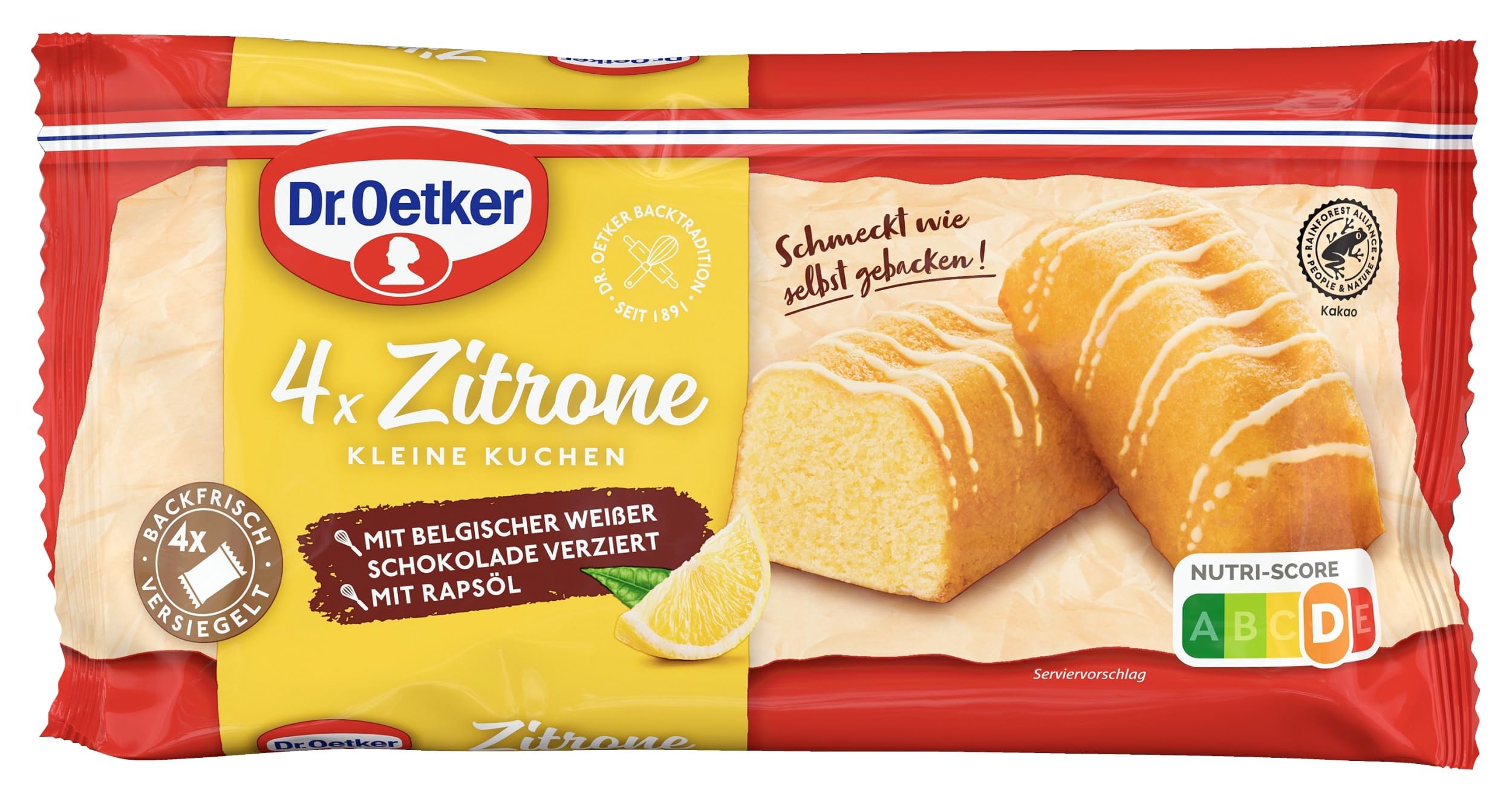 Dr. Oetker fertige kleine Zitronenkuchen, 8er Pack Mini Zitronen-Rührkuchen mit belgischer weißer Schokolade verziert, 8 x 4 x 35 g Kuchen-Snack mit Zitronengeschmack