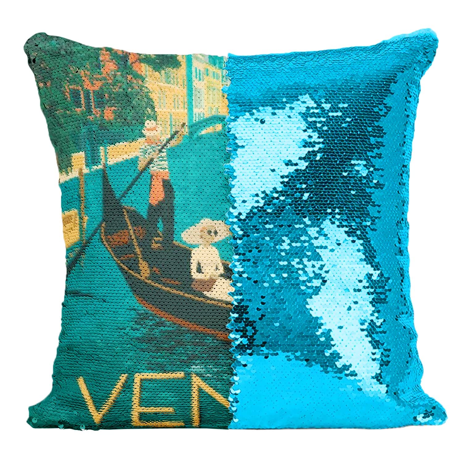 Coussin paillettes Venise voyage rétro turquoise pour illuminer votre canapé de salon