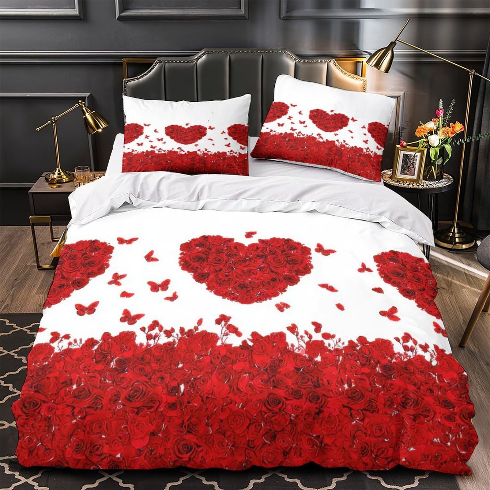 Parure de couette motif floral 3D en microfibre lavable facile d'entretien pour lit deux personnes