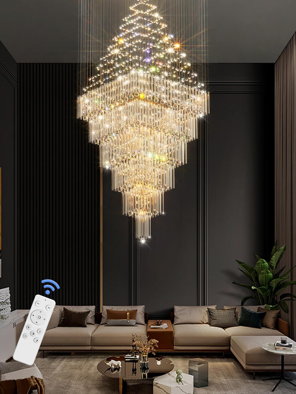 Flashing God D48''X H120'' Extra Large Chandelier for High Ceiling Modern Raindrop Chandelier Crystal Flush Mount Ceiling Light for Foyer Living Room Staircaes Entrance Gold
