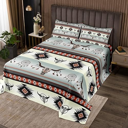 Juego de colcha Western Decor para niños, niñas, adolescentes, vaquero, decoración de dormitorio, color azteca del suroeste, tamaño Queen, plumas