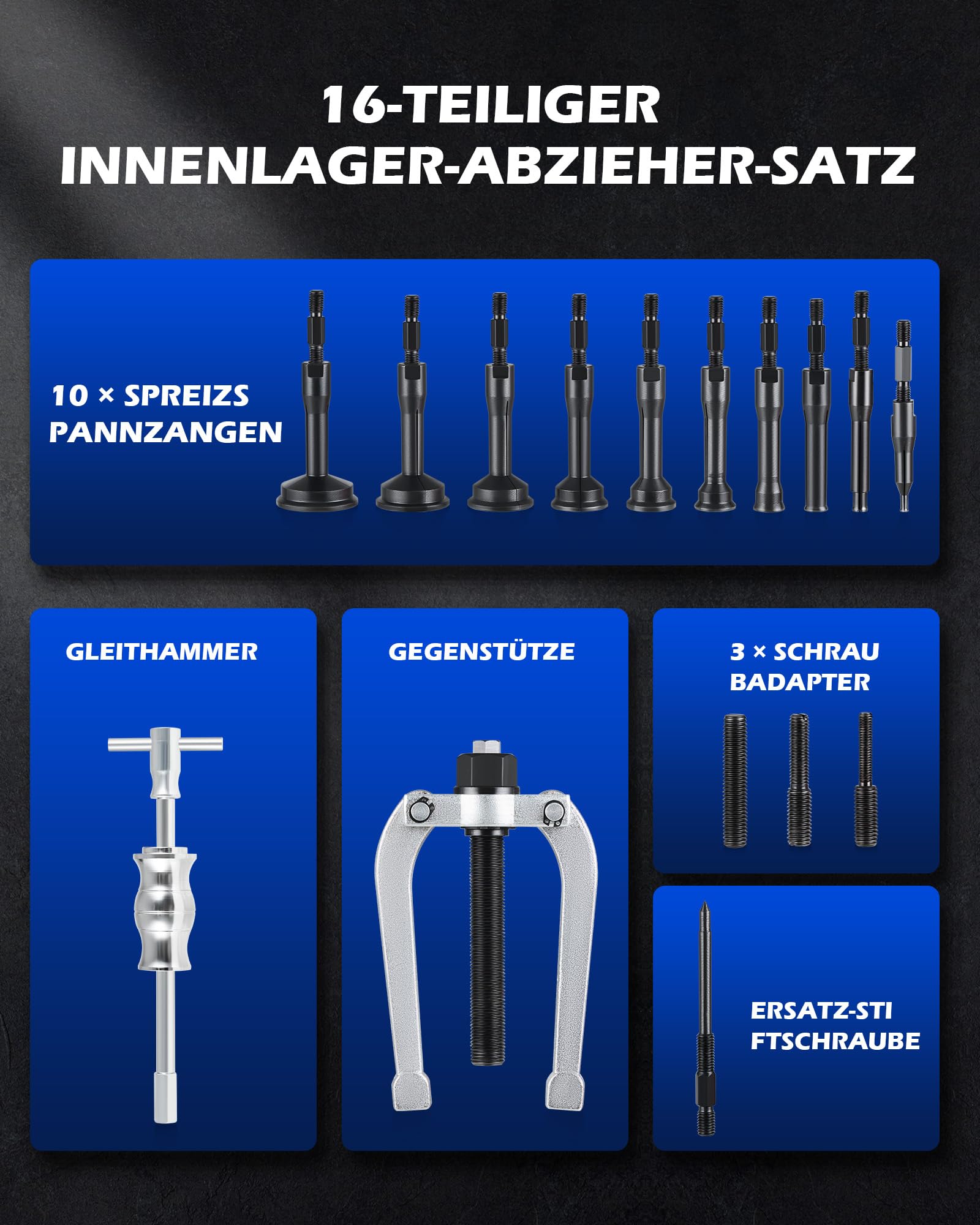 Orion Motor Tech Innenlager Abzieher Set 16-teilig, Lagerabzieher Innen mit Gleithammer und Abziehvorrichtung, Innenabzieher Kit für Kugellager und Buchsen (6 mm bis 59 mm)