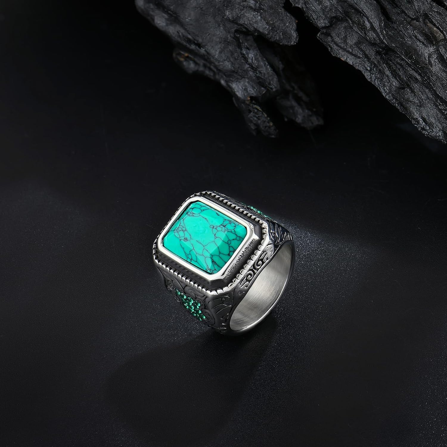 Mens Turquoise Viking Ring - Stainless Steel Signet Band - Vintage Biker Jewelry,Size7-13 - Image 4