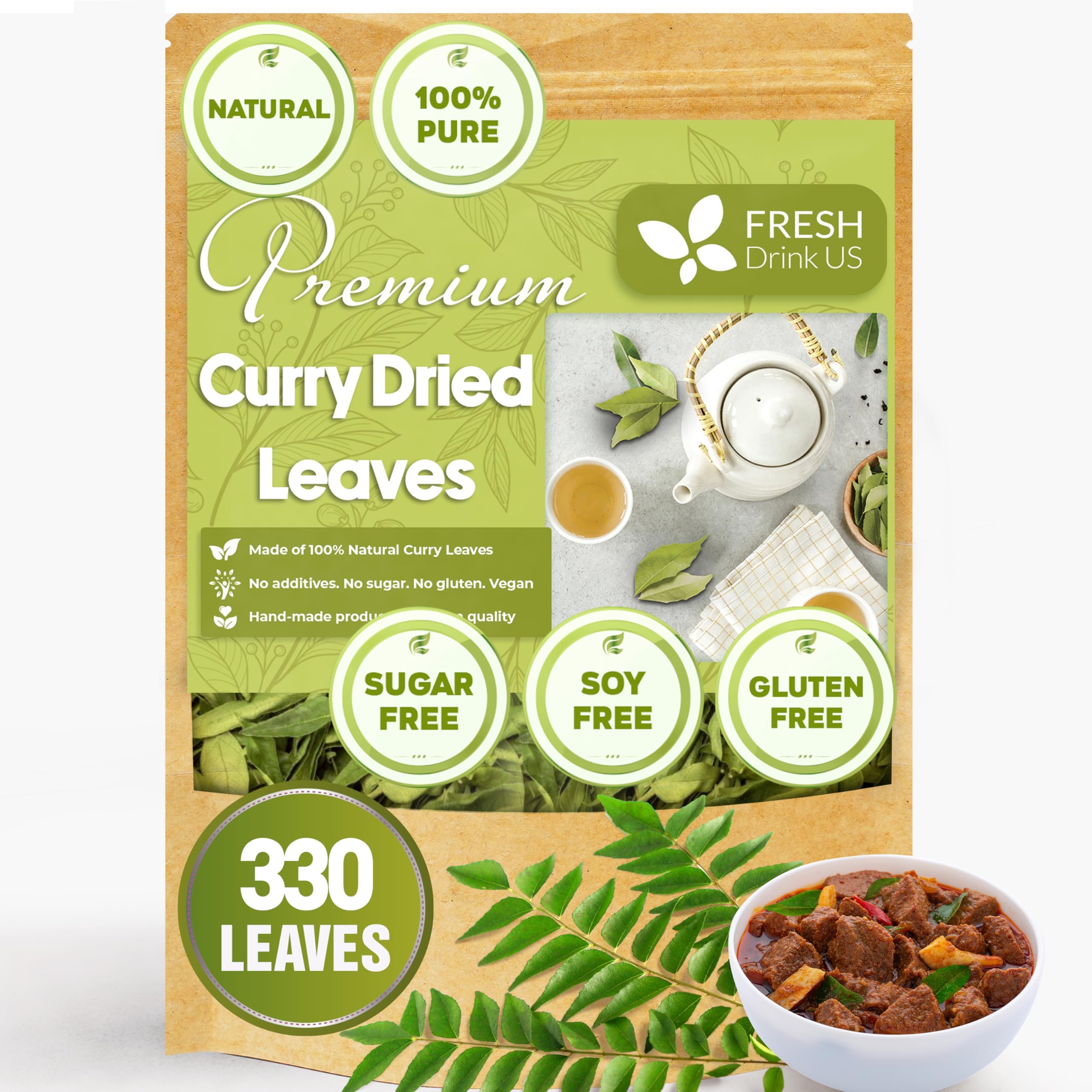 FreshDrinkUS, Premium 330+ Curry Leaves, Whole Dried Leaves, 100% Natural, Pure Curry Leaves, Hand-made, Wildcrafted, Indian Spice for Cooking, Curry Leaf Dried, No Additives, No Gluten, Vegan