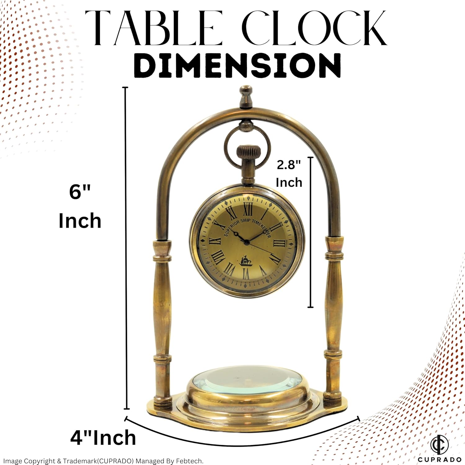 Antique Brass Table Clock with Roman Numerals and Vintage Sailing Ship Engraving - Decorative Compass-Inspired Design