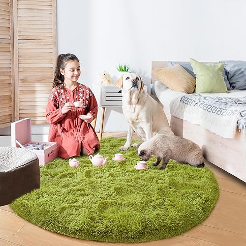 Miniatura 2 de Noahas Alfombra redonda esponjosa de 5 pies, alfombra verde para dormitorio, alfombra mullida para habitación de niños, alfombra de dormitorio