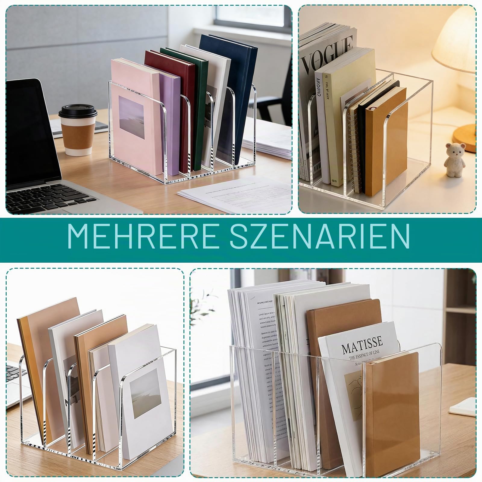 Acryl Zeitschriftensammler, Transparenter Stehsammler Zeitschriftenständer mit 4 Fächer Magazinhalter für Schreibtisch Post Dokumenten Buch Organizer (21 x 18,5 x 16 cm)