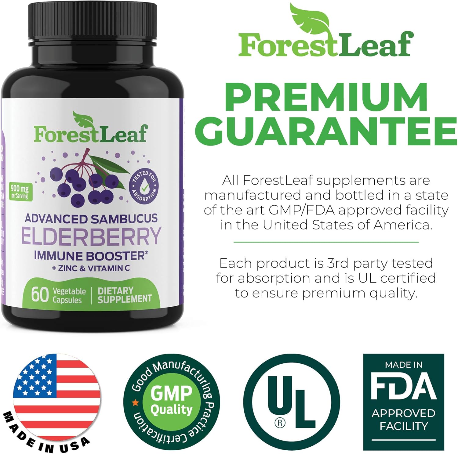 Advanced Sambucus Elderberry Immune Support (9000mg) - Black Elderberry Capsules, Elderberry Supplements With Vitamin C and Zinc, Elderberry for Kids and Adults - 60 Vegetarian Capsules, By ForestLeaf : Health & Household