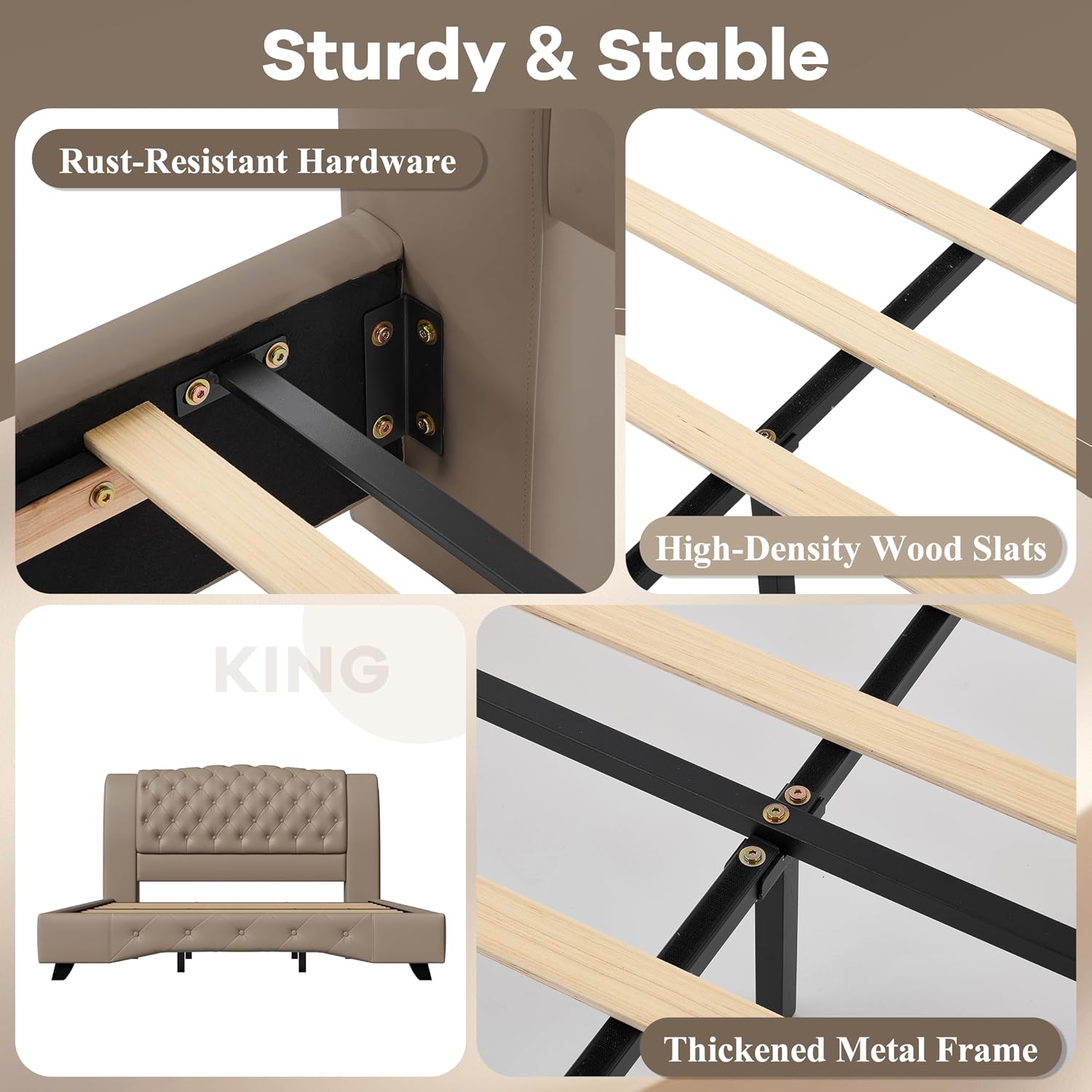 Christopher Knight Home Hira King Bed Frame and Headboard, King Size Bed Frame with Button Tufted, PU Leather Upholstered Platform Bed, Wooden Slats Support, No Box Spring Needed, Brown