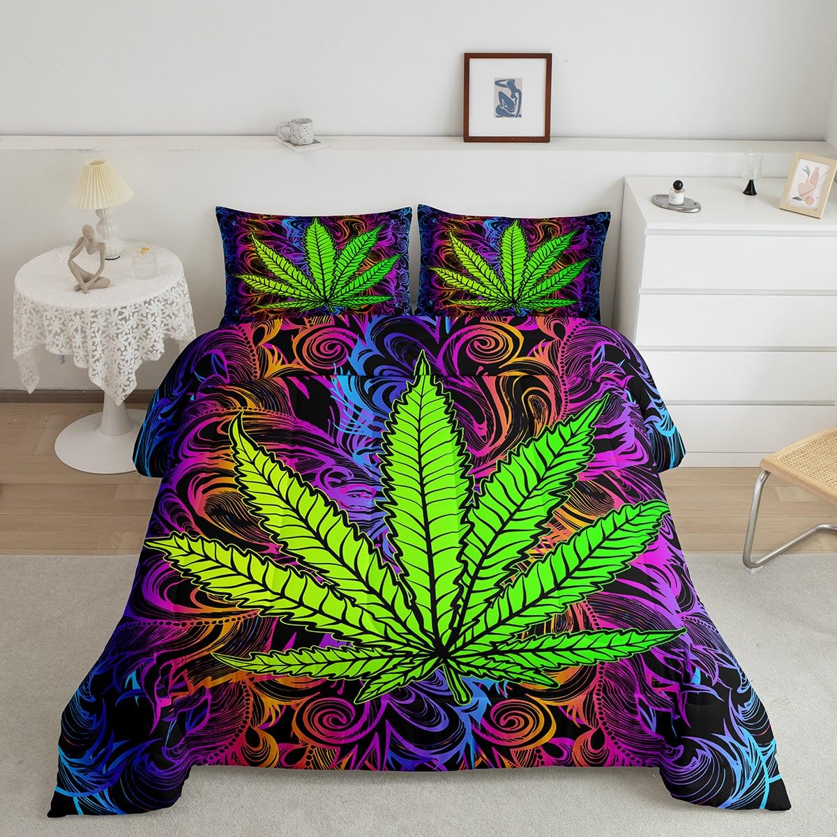 Erosebridal Boho Leaves Down Comforter, Teens Bohemia Leaf Comforter Set Full Size, Botanical Bedding Set for Kids Girls Women, Bohemian Quilted Duvet