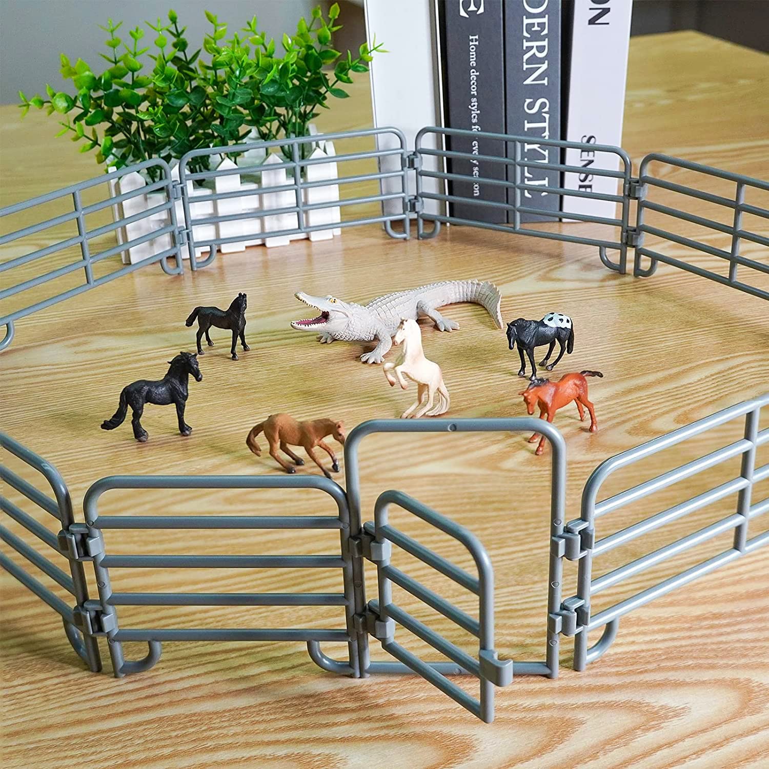 EYSCOTA Recinzione Giocattolo Per Animali – 12 Pannelli Marroni, Accessorio Per Fattoria, Cavalli, Stalla, Gioco Educativo Per Bambini