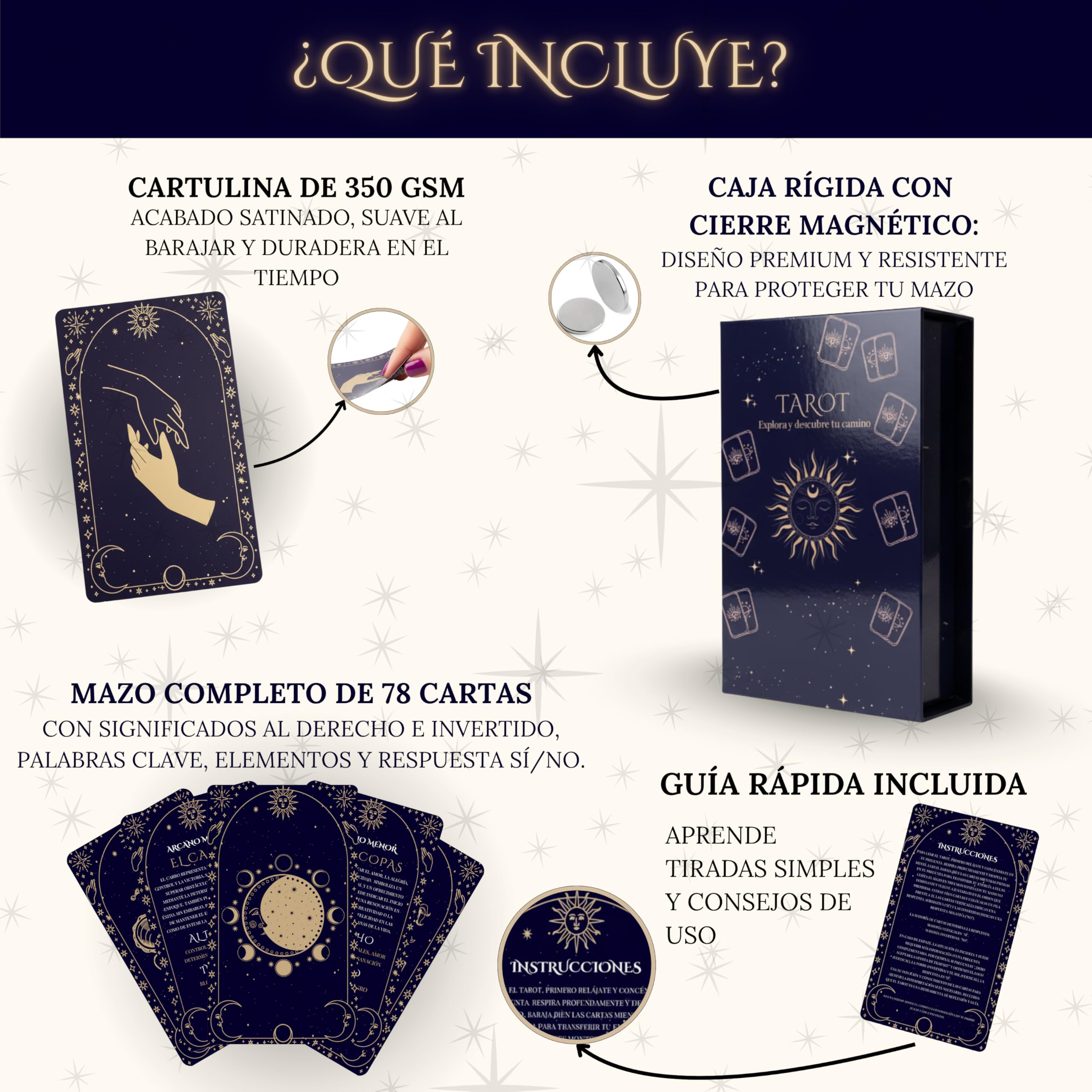 Baraja de Tarot para Principiantes - 78 Cartas con Significados en Español - Tarot Rider para Adivinación y Lectura Espiritual - Diseño Premium con Guía Incluida