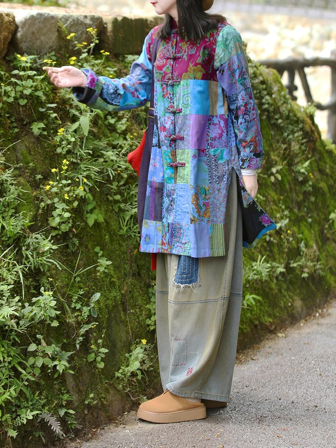 LUZU JUNU Women's Trench Coat Floral Print Long Cotton Linen Jacke Cottagecore Clothing Patchwork Outwear Bohemian unique (US, Alpha, One Size, Regular, Regular, Blue) - Image 5