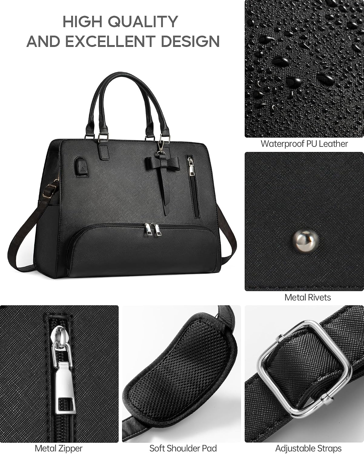 Lunch Tote Bag for Women 2 in 1 Laptop Work Bag with Lunch Insulated Compartment and Purse Combo Waterproof PU Leather 15.6 Inch Computer Crossbody and Shoulder Bag for Daily, Office, Picnic Black | Leather