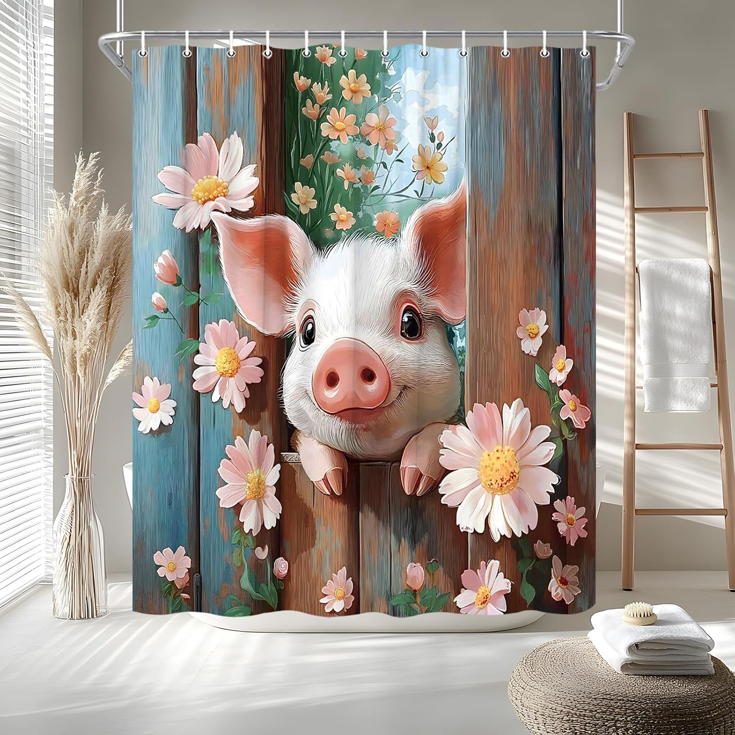 Funny Pig Shower Curtain Cute Farm Animal Pink Daisy Floral Leaves Rustic Wooden Board Farmhouse Watercolor Wildflower Bath Curtain Fabric Bathroom Accessories Decor with Hooks 70W x90L