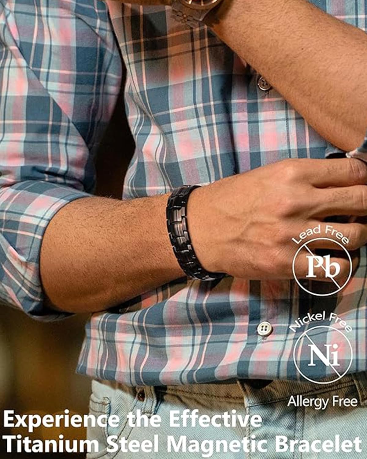 Feraco Mens Magnetic Bracelet Titanium Steel Magnetic Bracelet with Double Row 4 Elements Magnets (Black with Ring) - Image 2