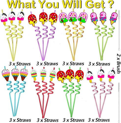 Miniatura 3 de 24 pajitas reutilizables de helado con formas locas, pajitas de cóctel para suministros de fiesta de cumpleaños, recuerdos de fiesta con 2 cepillos