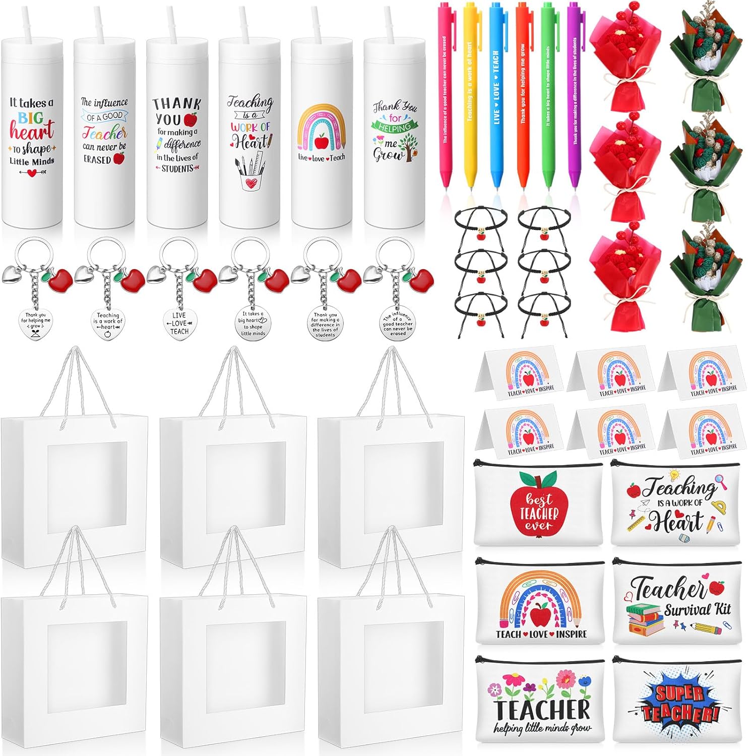 48 Pcs Teacher Appreciation Gifts Bulk for Women Thank You Tumblers with Straws Teacher Makeup Bags Bracelets Cards Keychains Pens Paper Gift Bags Artificial Flower Bouquets Sets