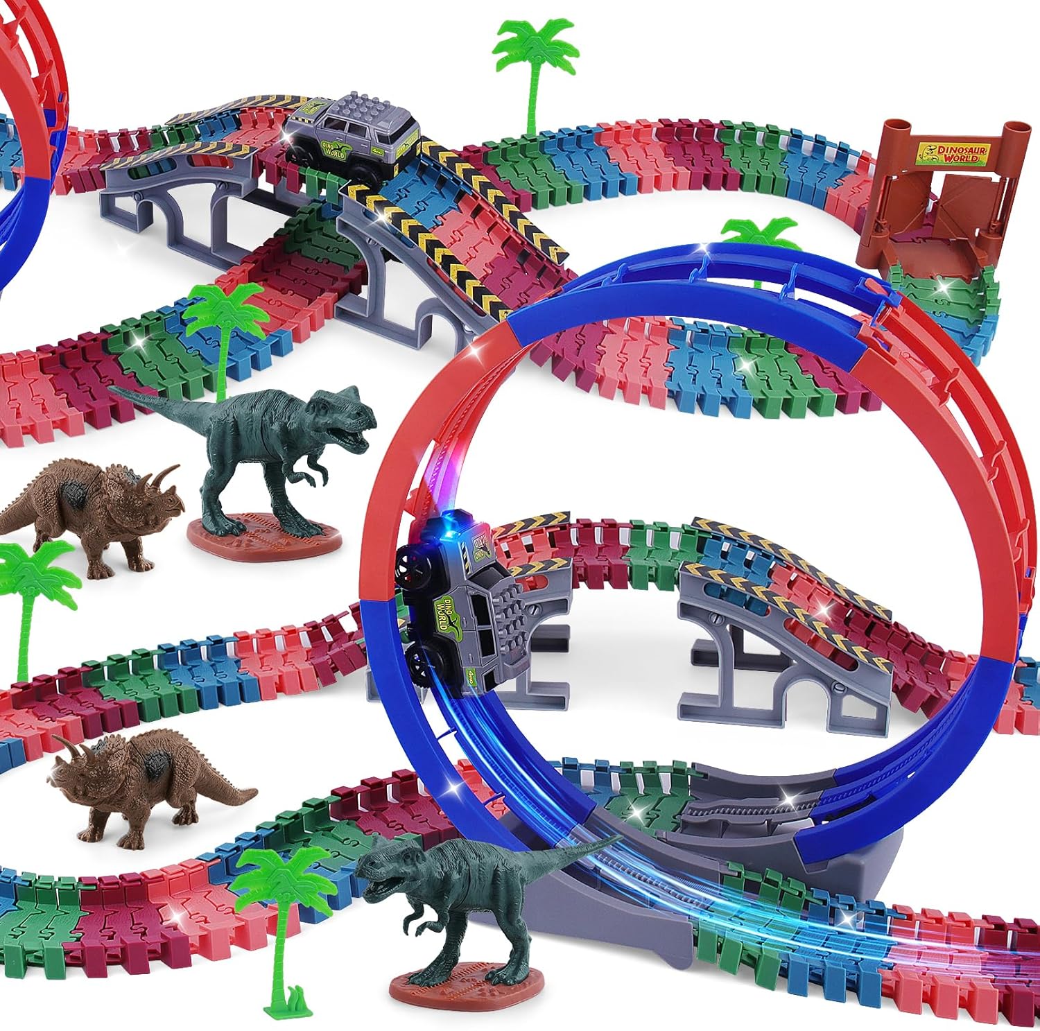 144 PCS Race Tracks Dinosaur Toys for Kids 3-5, Glow in The Dark Magic Toy Set, Flexible DIY Track Set, Birthday Gift for Age 3-9 Boys Toddler Girls,Create a Dinosaur Adventure World