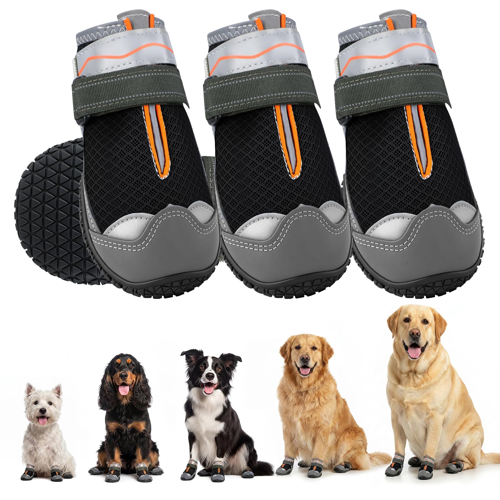 Gimars Pet Dog Shoes, Breathable Mesh Dog Boots with Reflective Straps, Anti-Slip Rugged Sole Paw Protector for Summer Hot Pavement, Walking, 4Pcs - Black & Orange Size 6 — image 1