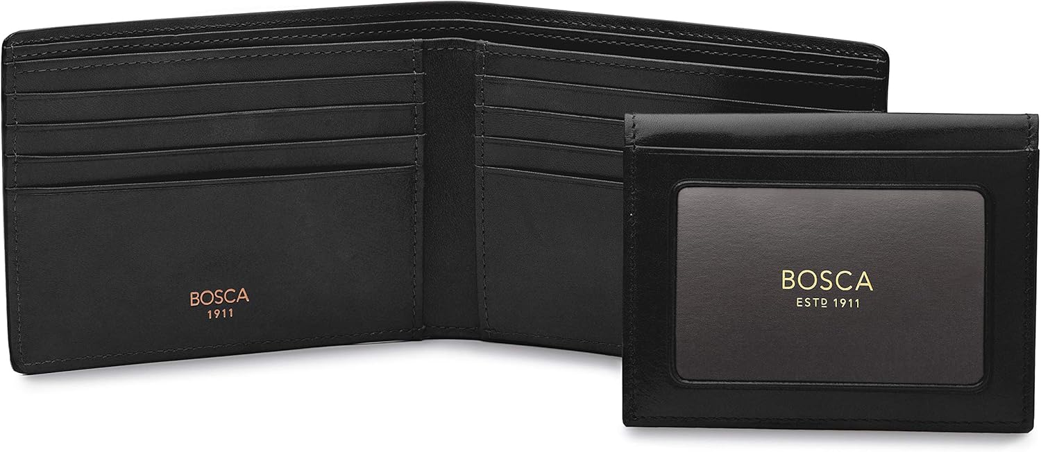 Bosca Men's Leather Wallet with Removable ID Passcase - Dolce Italian leather Wallet for Men 8 Card Slots, Bifold Design, Hand-Stitched Detailing, Polished Finish, Black