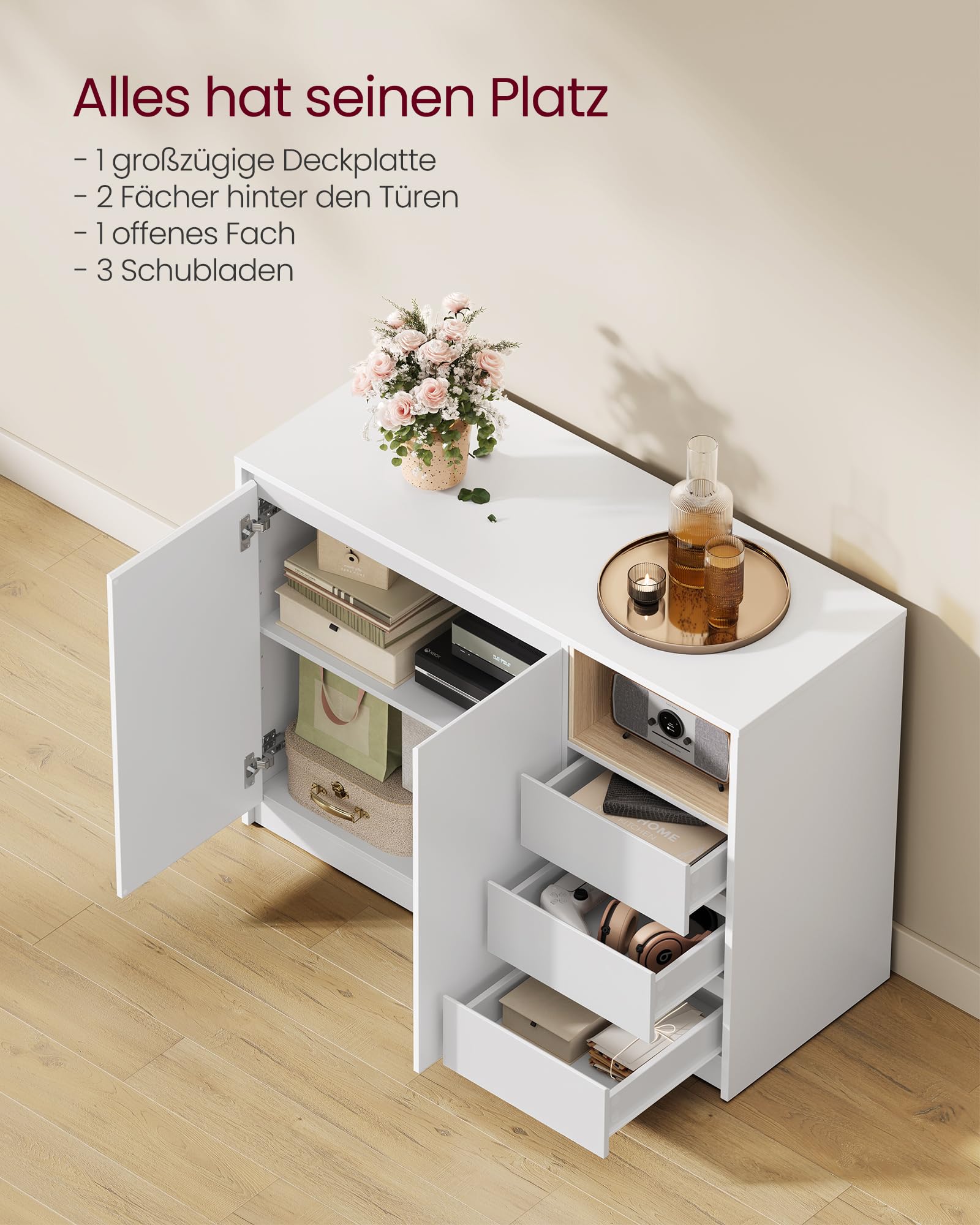 VASAGLE Kailyn Kollektion - Aufbewahrungsschrank, Sideboard, Küchenschrank mit Türen, höhenverstellbare Ablage, 3 Schubladen, modern, 40 x 103,3 x 74,5 cm, wolkenweiß BBK273W21V1