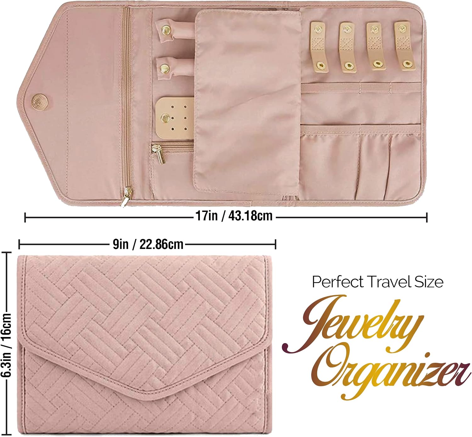 Travel Jewelry Organizer Case, Foldable Jewelry Storage Bag Roll, Portable Jewelry Holder with Zipper Storage for Rings Necklaces Earrings Watches Bracelets, Travel Gift for Women, Soft Pink