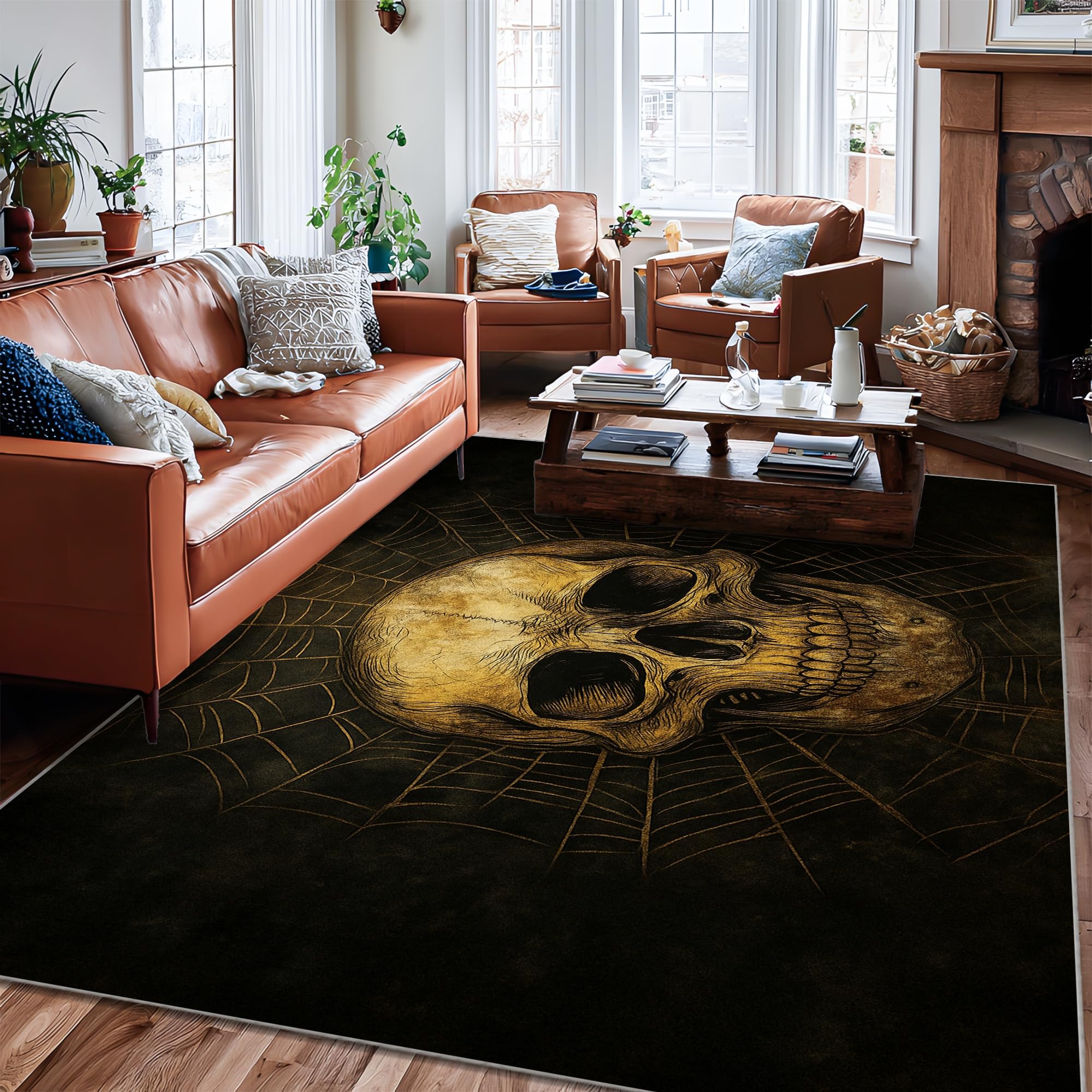 Tapis de sol antidérapant grand format noir motif tête de mort 1,8x2,7m