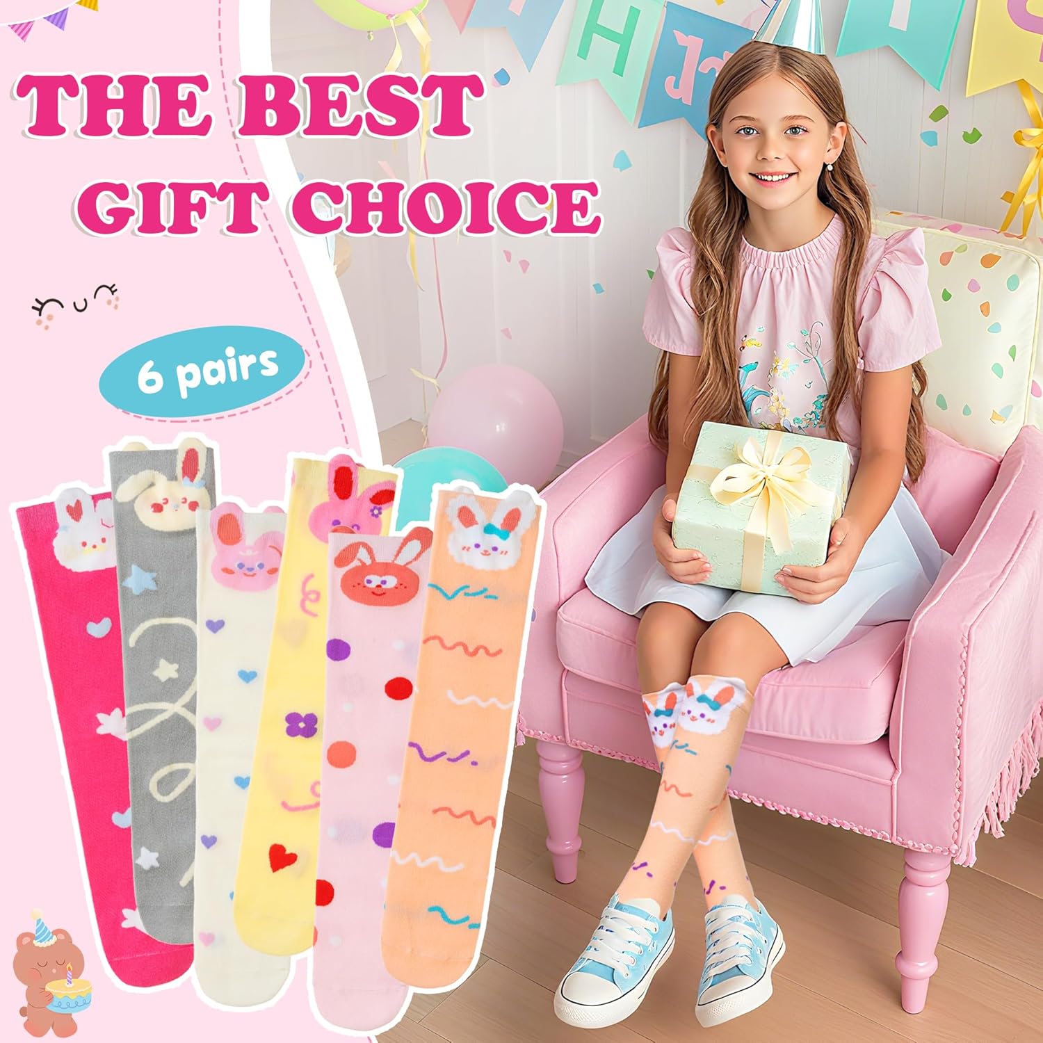 WEVIAS Girls Knee High Socks Kids Long Crazy Fun Silly Gifts Boot Cute Animal Funny Tall Cotton Socks 6 Pairs - Image 6