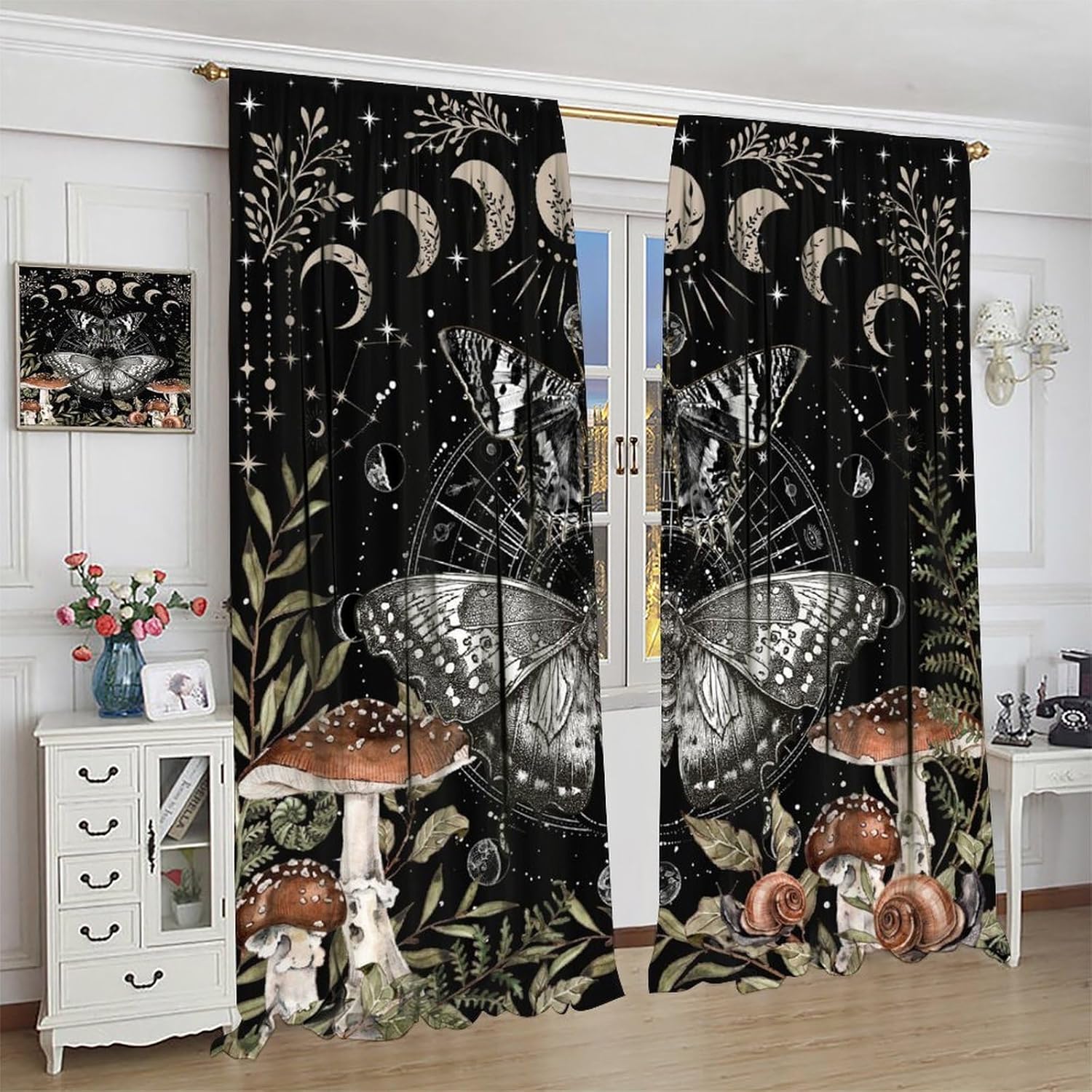 Moon Phase Moth Butterfly Blackout Curtains,Boho Gothic Country Sun Moon Mushroom Starry Night Flower Butterfly Moth Windows Treatments Rod Pocket Drapes For Girls Living Room Bedroom Kitchen 42x45in