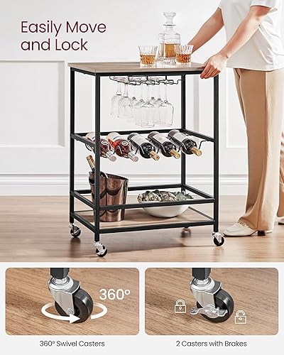 Miniatura 40 de VASAGLE Carrito de bar, carrito de servir, estante de cocina móvil con estante de copas de vidrio y soportes para botellas de vino, industrial,