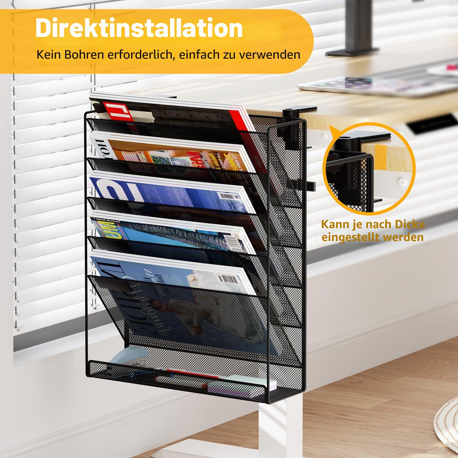 Schreibtisch-Organizer zum Aufhängen am Schreibtisch ohne Bohren, Dokumententasche A4, Bürobedarf, Zeitschriftenhalter zur Wandmontage, Hängemappe