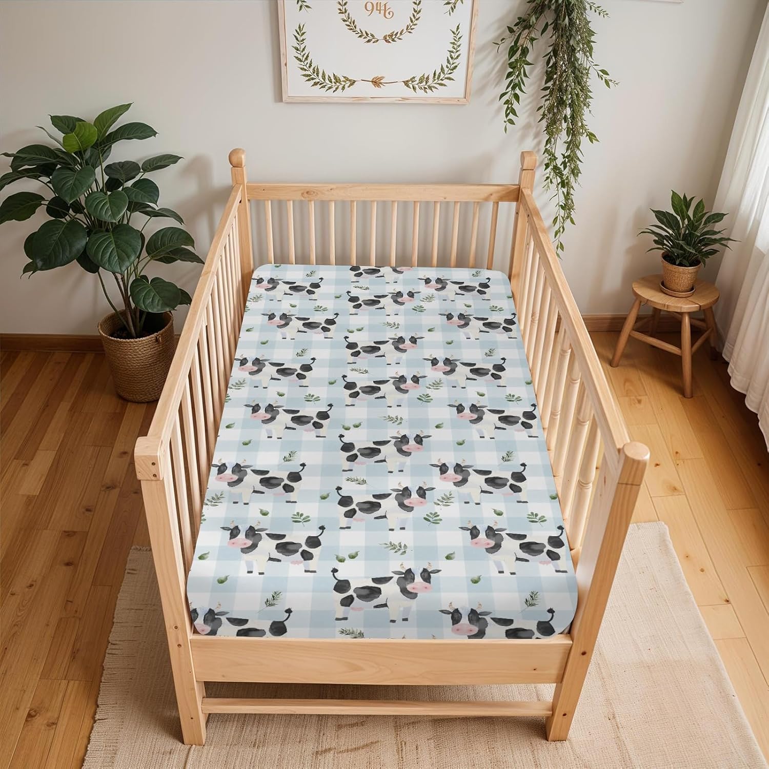 Dairy Cows Spring Baby Crib Sheets for Boy Girl 28"x52" Cow Boho Leaves Blue White Plaids Soft Snug Fitted Crib Mattress Covers Farm Animals Baby Sheet for Standard Crib and Toddler Bed Mattresses