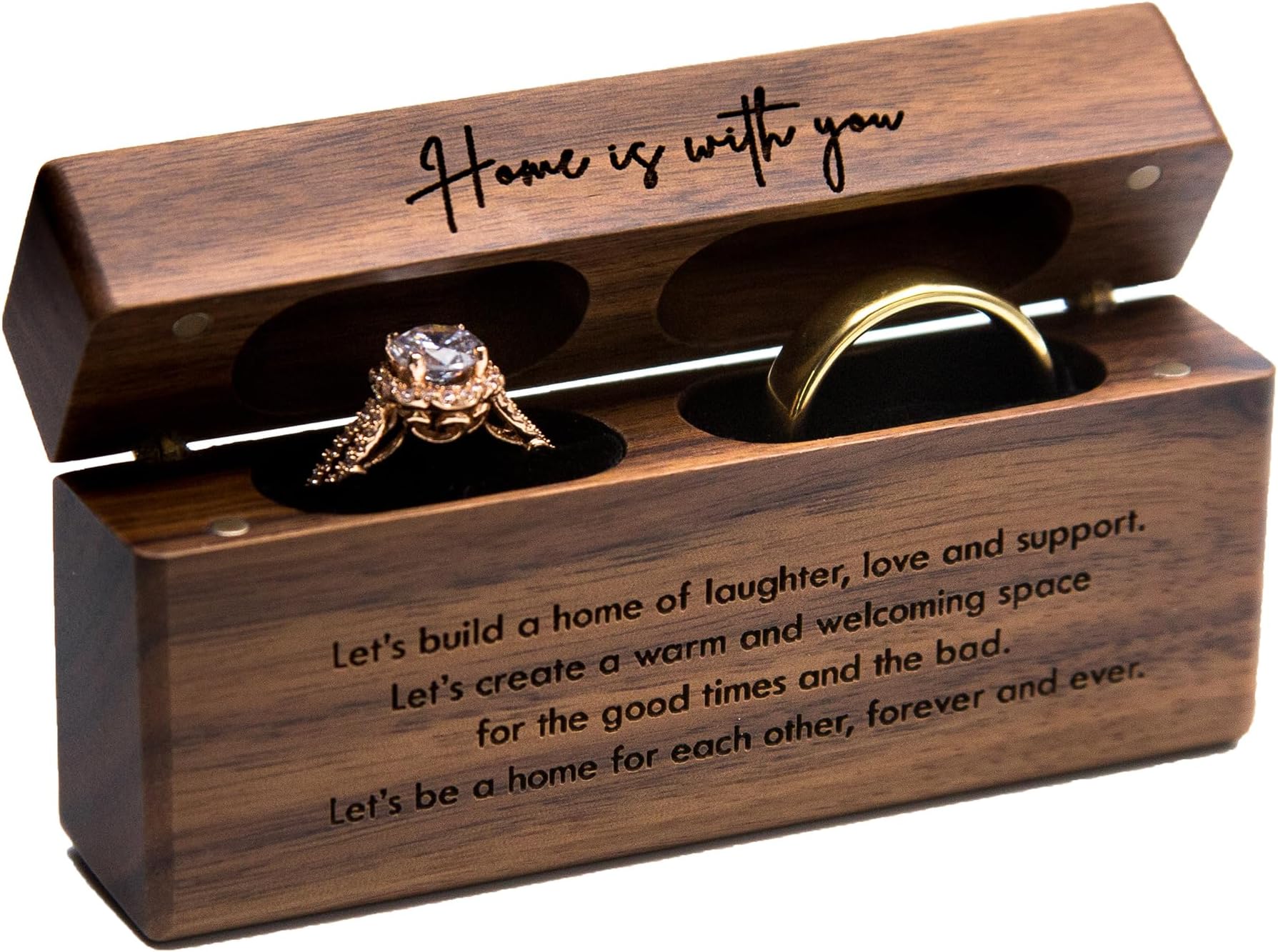 MUUJEE Double Ring Box - Engraved Slim Wooden Ring Case Box for Wedding Ceremony Engagement Proposal Ring Bearer Box - Anniversary Birthday Gift Ideas (Home Is With You)