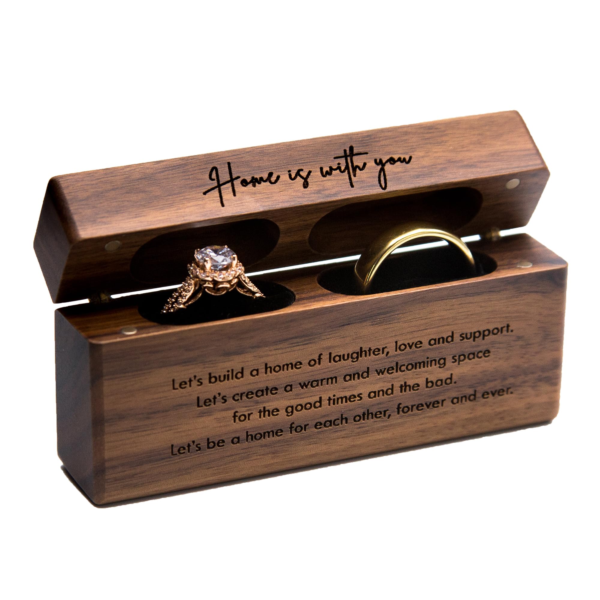 MUUJEE Double Ring Box - Engraved Slim Wooden Ring Case Box for Wedding Ceremony Engagement Proposal Ring Bearer Box - Anniversary Birthday Gift Ideas (Home Is With You)
