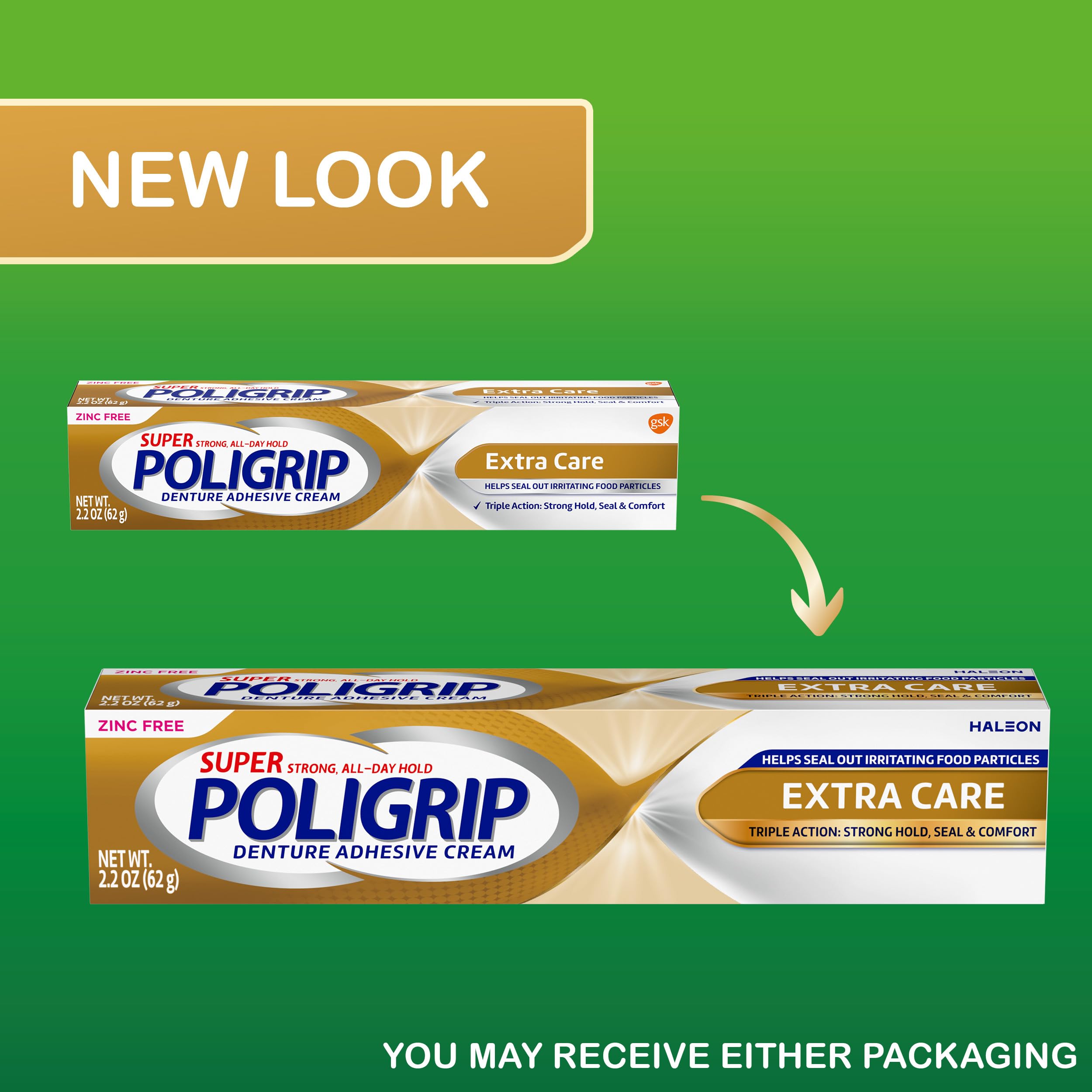 Super Poligrip Extra Care Lot de 4 crèmes adhésives pour prothèses dentaires sans zinc 62,4 g