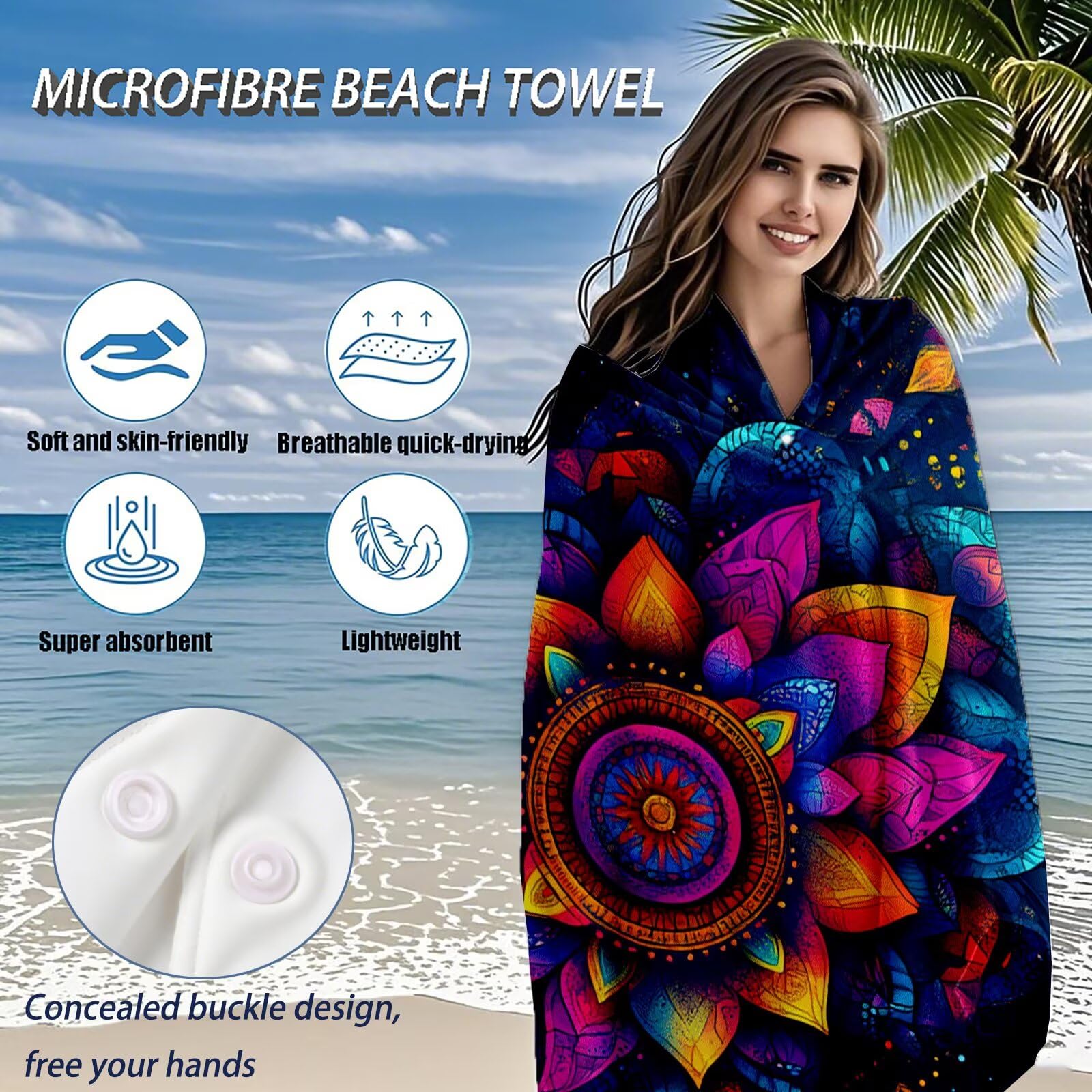 Serviette de Plage Microfibre Serviette Plage 100x150 cm 2 Pack Séchage Rapide, Anti-Sable, Absorbante Fonction Drap de Plage XXL pour Bain Sport Voyages Sauna Piscine Yoga, avec Sac Mandala Q-839